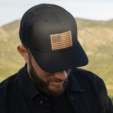 Load image into Gallery viewer, American Flag Hat - Leather Patch Trucker Snapback
