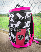 Load image into Gallery viewer, Hot Pink + Cow Print Backpack Cooler Bag
