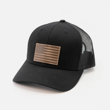Load image into Gallery viewer, American Flag Hat - Leather Patch Trucker Snapback
